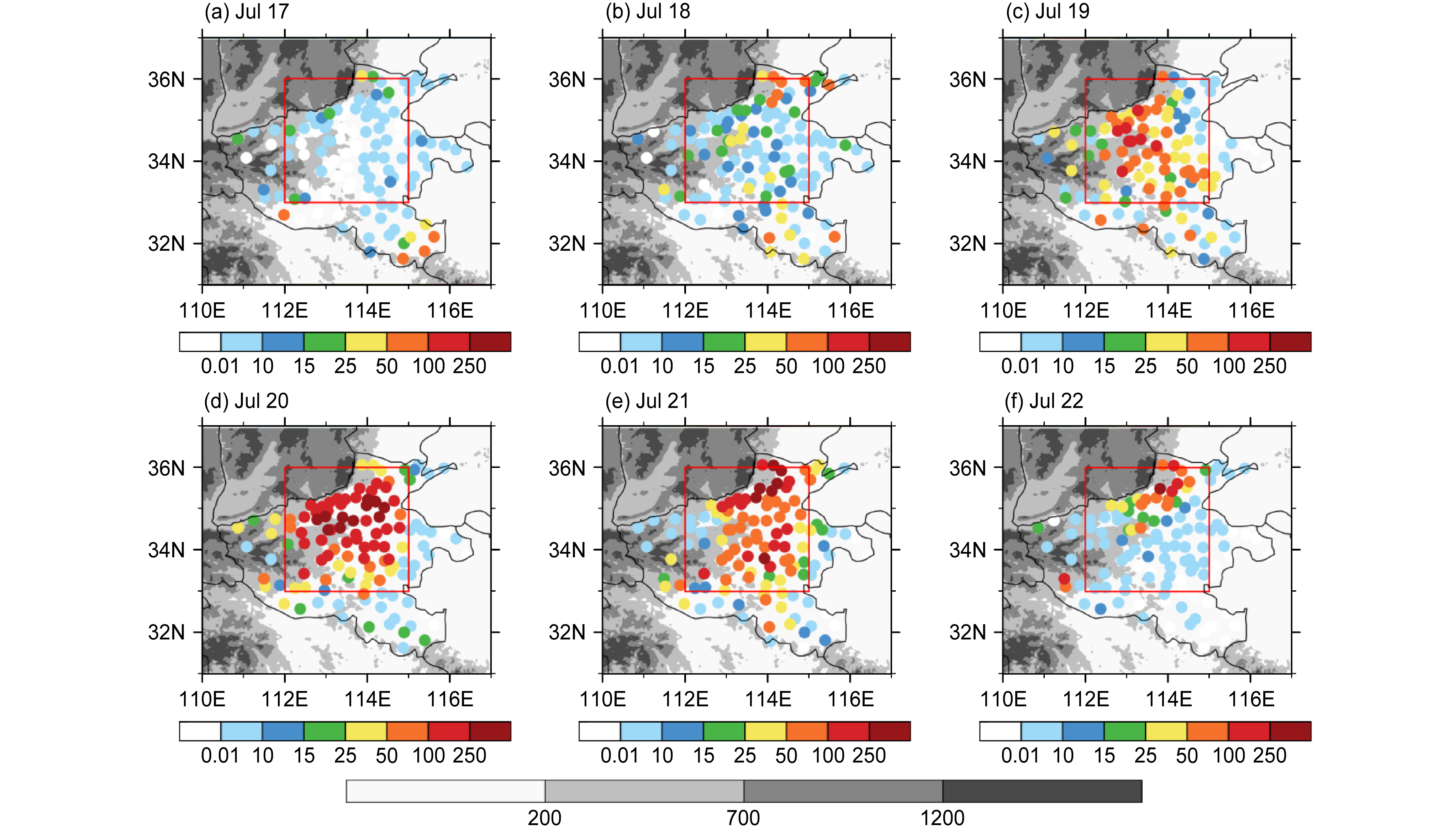 2021年7月17～22日ERA5资料逐日累计降水量（单位：mm）