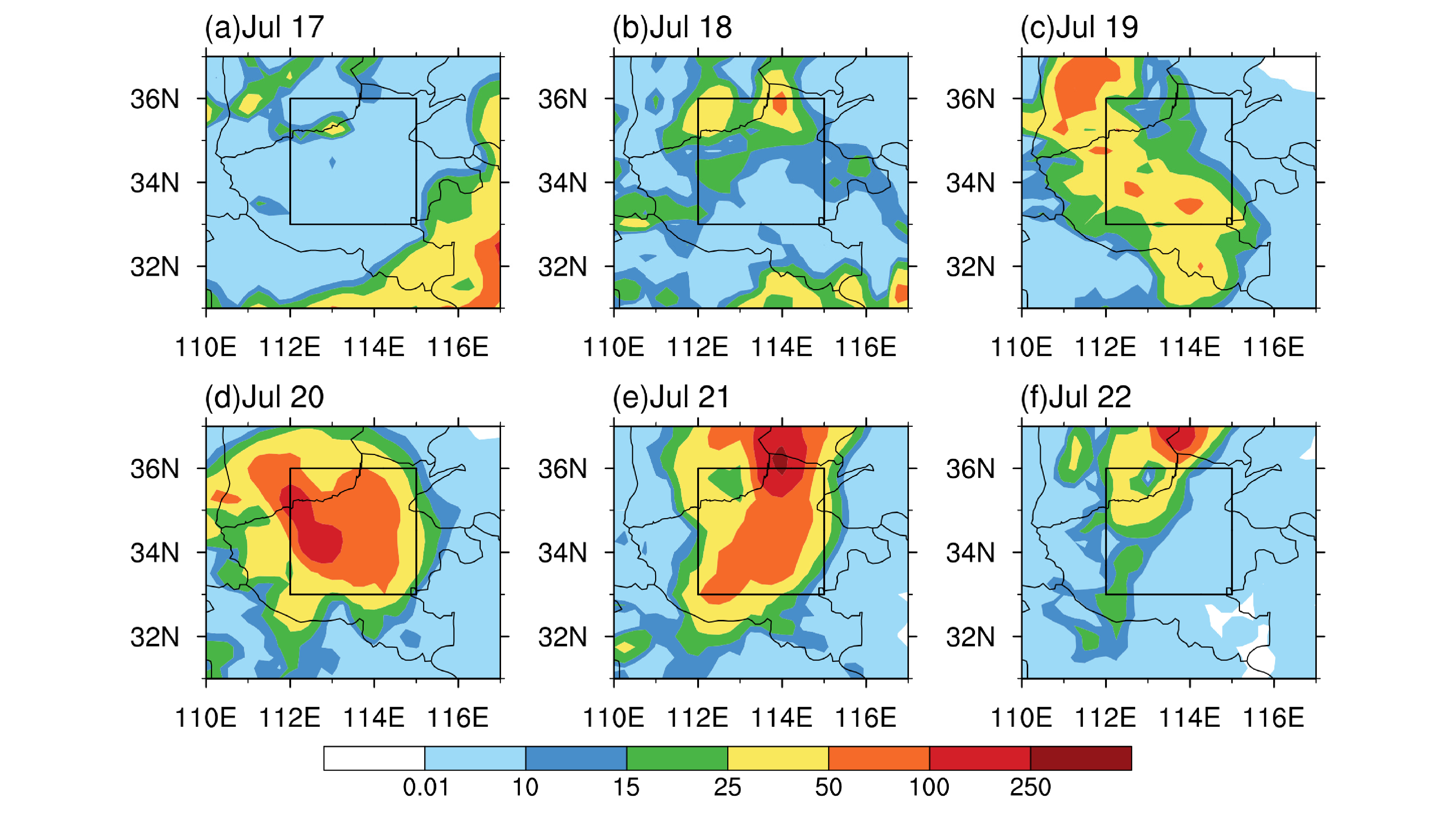 2021年7月17～22日ERA5资料逐日累计降水量（单位：mm）