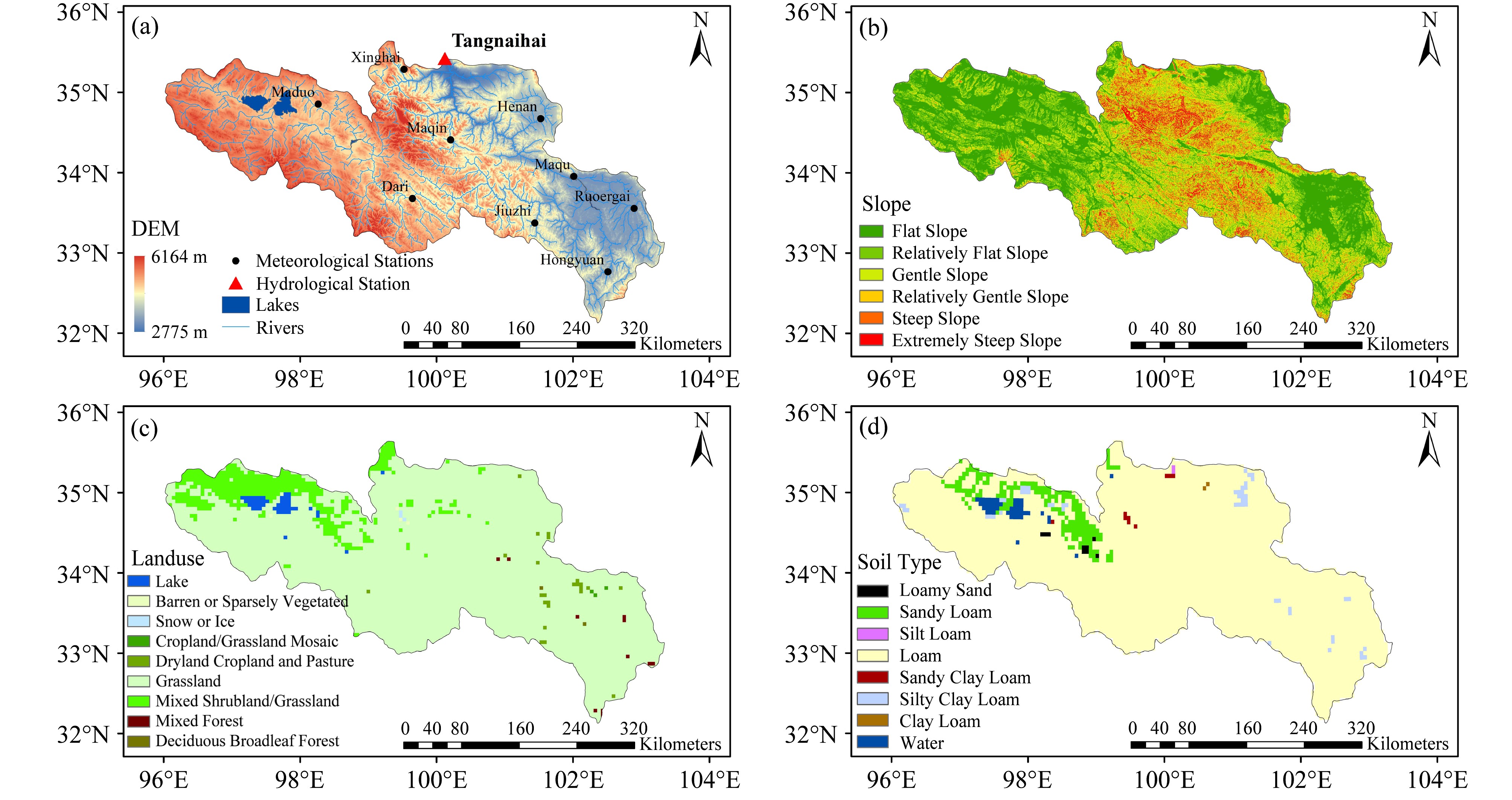 2009～2018年黄河源区月尺度降水评价指标 雷达图：（a）相关系数（CC）；（b）均方根误差（RMSE，单位：mm）；（c）纳什系数（NSE）；（d）相对偏差（BIAS）。