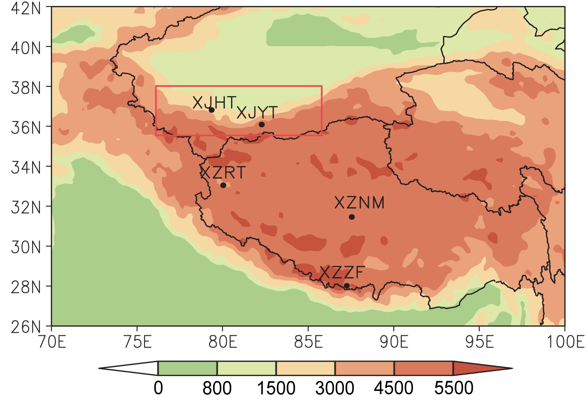 2019年6月（a）23日20时整层积分的水汽通量[矢量、阴影，单位：kg m−1  s−1],（b）23日20时、（c）24日08时和（d）25日02时500 hPa水汽通量[阴影，单位：g cm−1 hPa−1  s−1]、风场（矢量，单位：m s−1）、比湿（绿色等值线，单位：g kg−1）。红色矩形框表示中昆仑山 ...